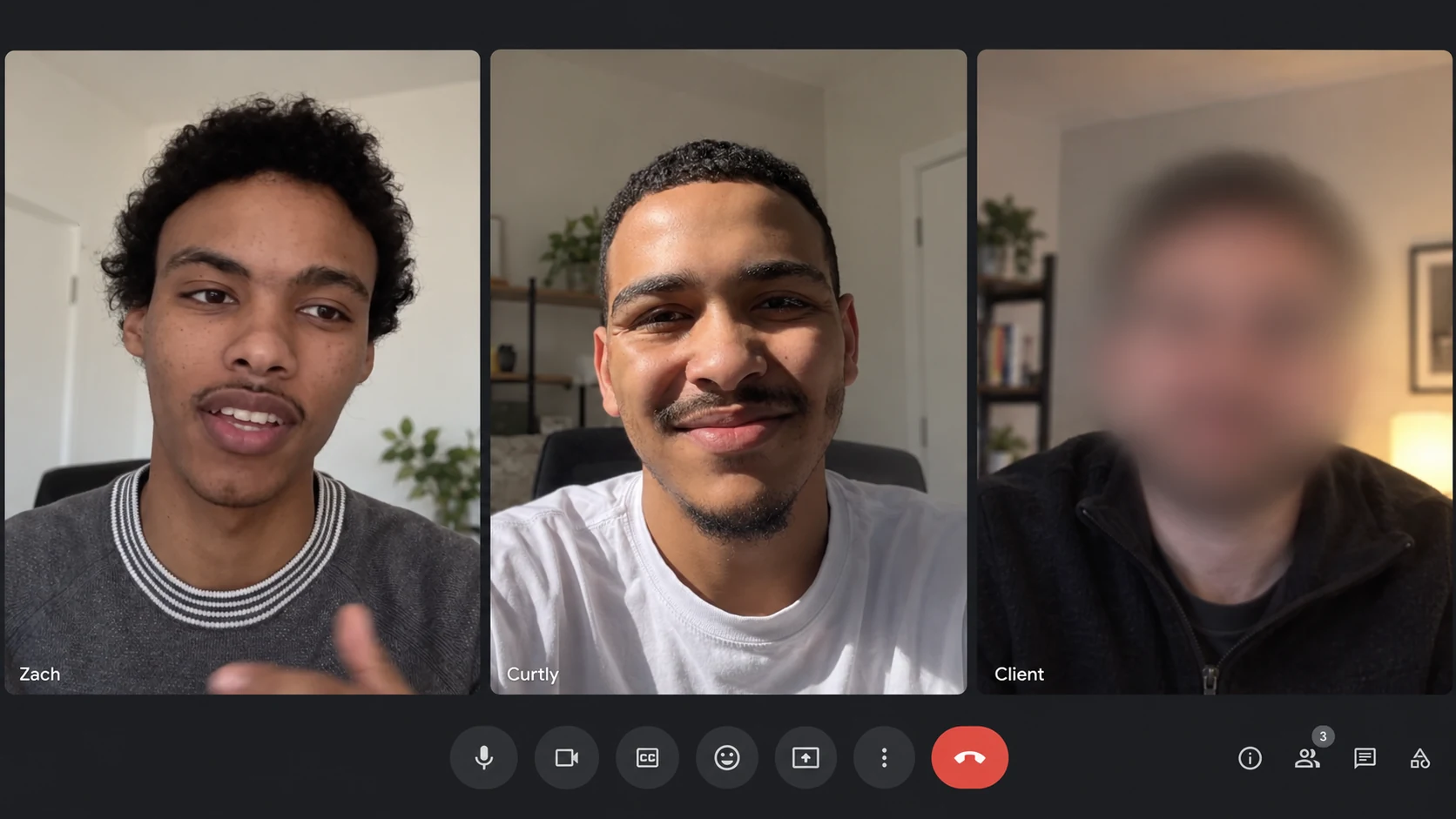 Photorealistic concept of Zach and Curtly in a Google Meet discovery call with a privacy-blurred client